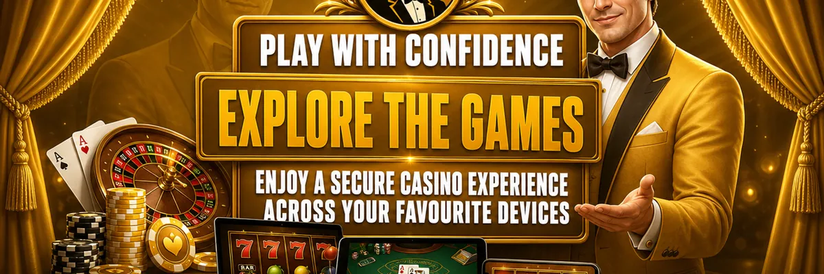 Wide gold and white Joe Fortune casino banner showing the gentleman mascot presenting a secure gaming experience on a theatrical stage