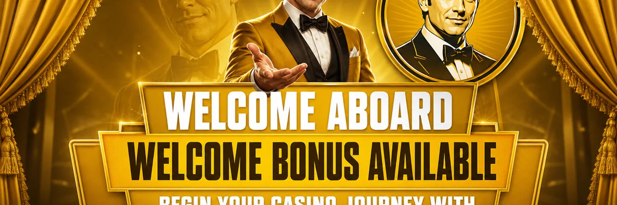 Wide gold and white Joe Fortune casino banner with the gentleman mascot presenting a welcome bonus between theatrical curtains